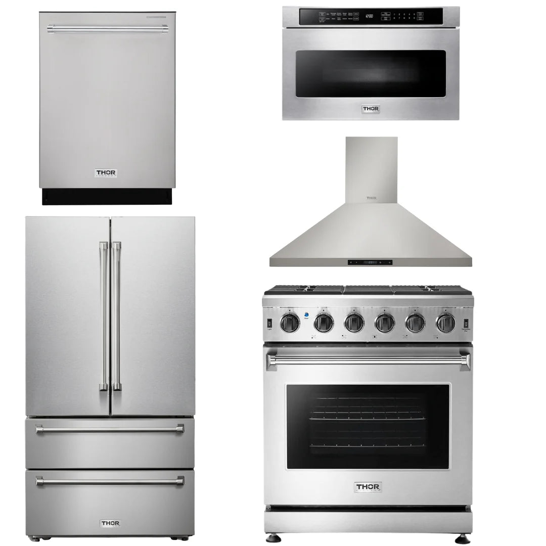 30 Propane Gas Range, Range Hood, Microwave, Refrigerator, Dishwasher T801048