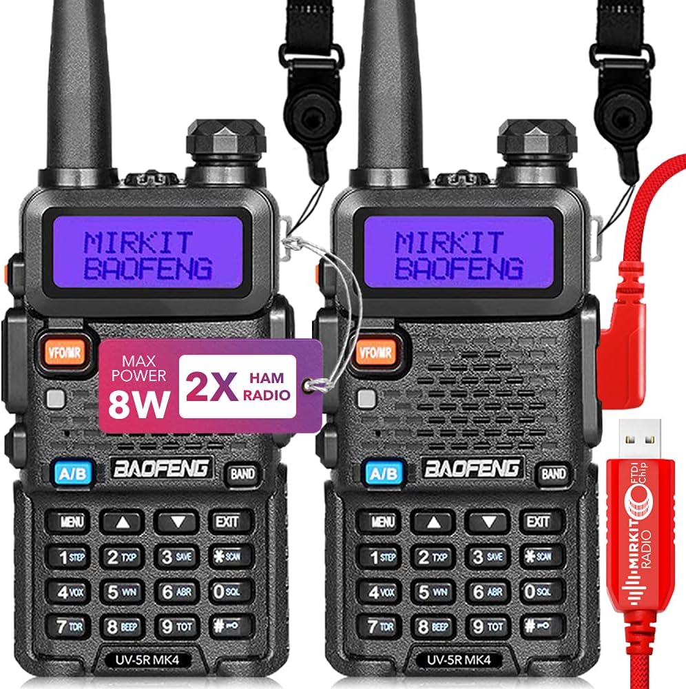 Baofeng Radio UV-5R MK4 8 Watt Max Power with 3800 mAh Handheld Mic Programming Cable and Software - Extra Pack U585