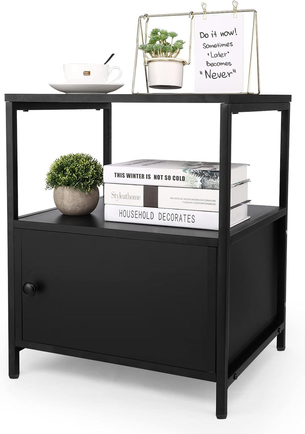 White Wooden Nightstand with Storage Cabinet and Open Shelf C597705