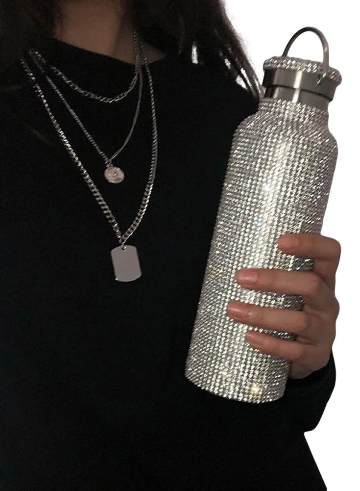 Bling Rhinestone Stainless Steel Insulated Water Bottle With Carry on Chain 500ML E237771