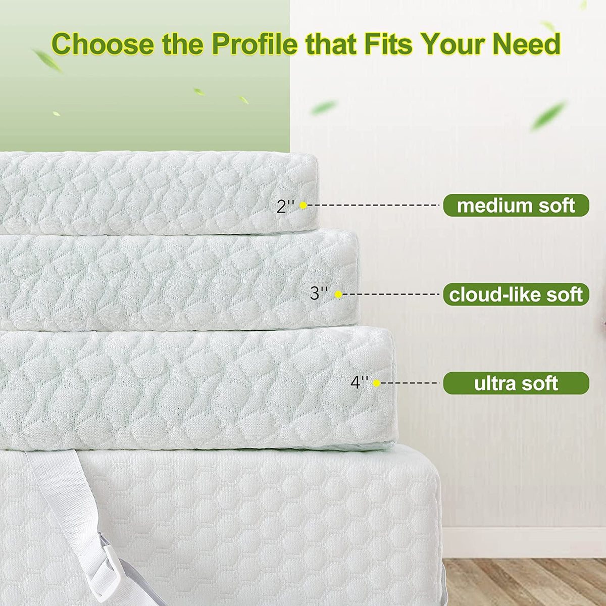 3 Inch Green Tea Memory Foam Mattress Topper with Zippered Bamboo Cover W4538