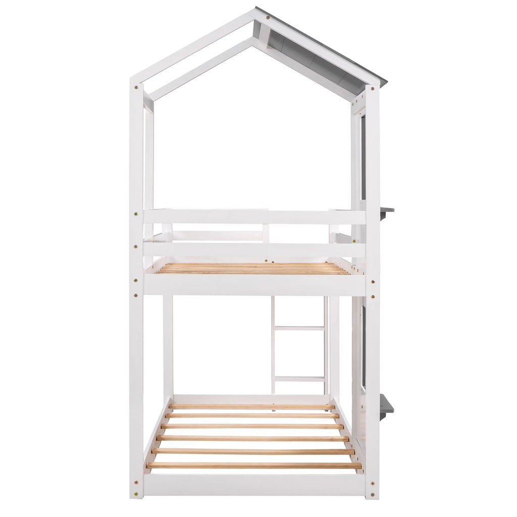 Wood Twin Over Twin Bunk Bed with Roof and Ladder G30325