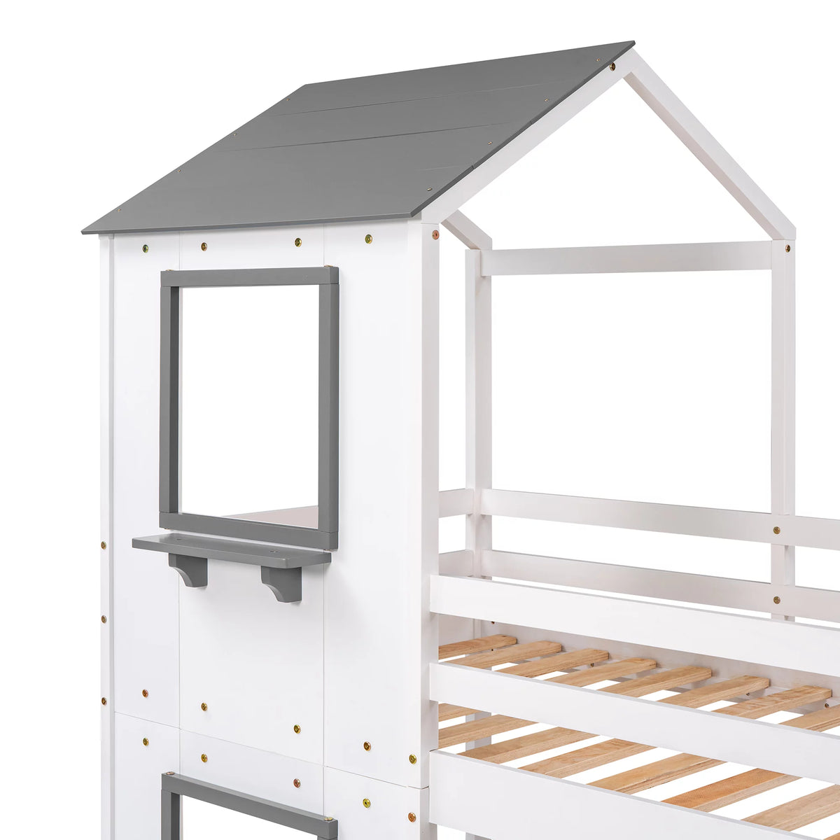Wood Twin Over Twin Bunk Bed with Roof and Ladder G30325