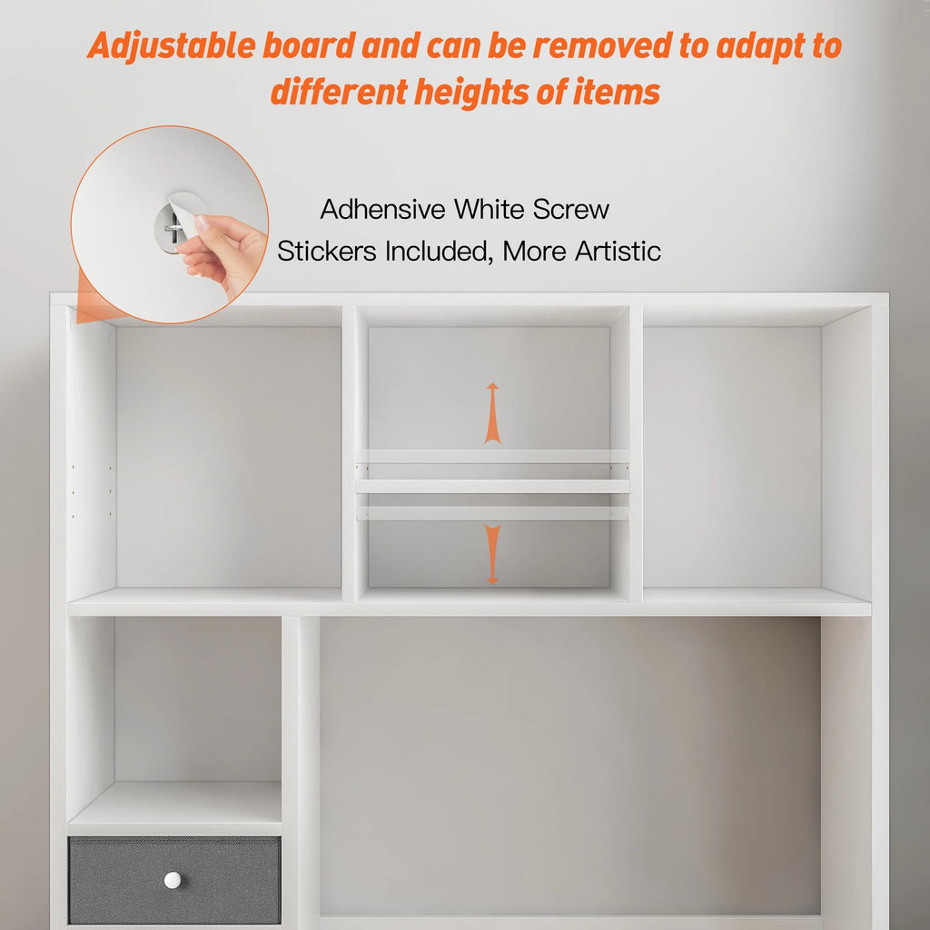 White Wood Desktop Bookshelf with 8 Shelves and 2 Drawers Q612