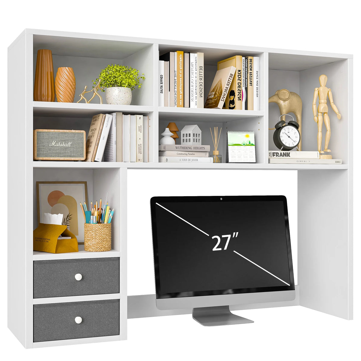 White Wood Desktop Bookshelf with 8 Shelves and 2 Drawers Q612