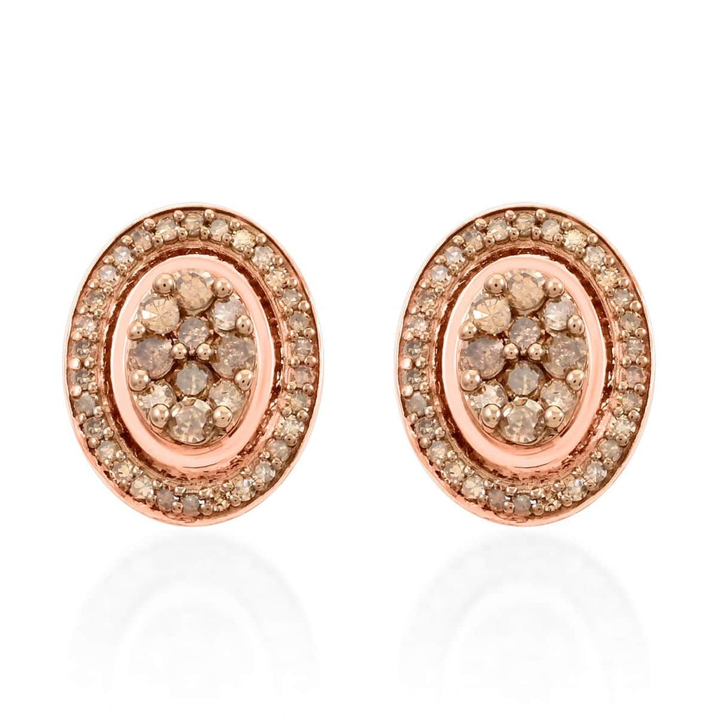 Champagne Diamond Round 925 Sterling Silver Vermeil Rose Gold Plated Cluster Stud Solitaire Earrings W318