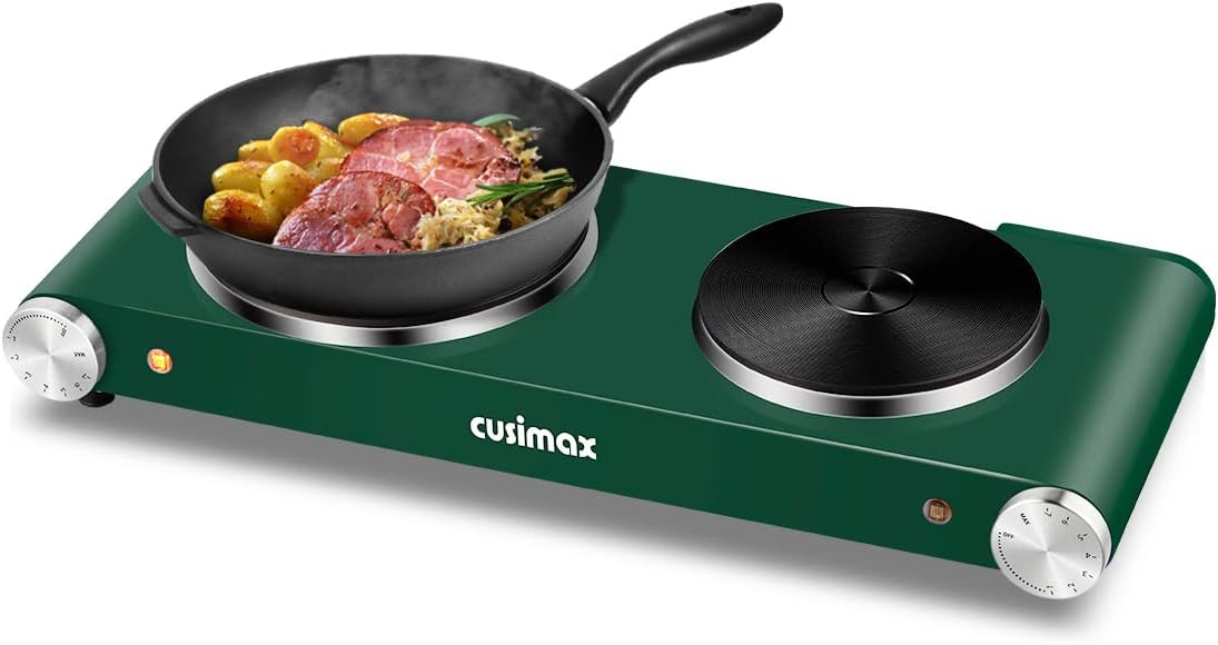 Electric Hot Plate 1500W Single Burner Cast Iron Portable Stove with Adjustable Temperature Control Silver Stainless Steel Non-Slip Rubber Feet Pack of 2 P6697