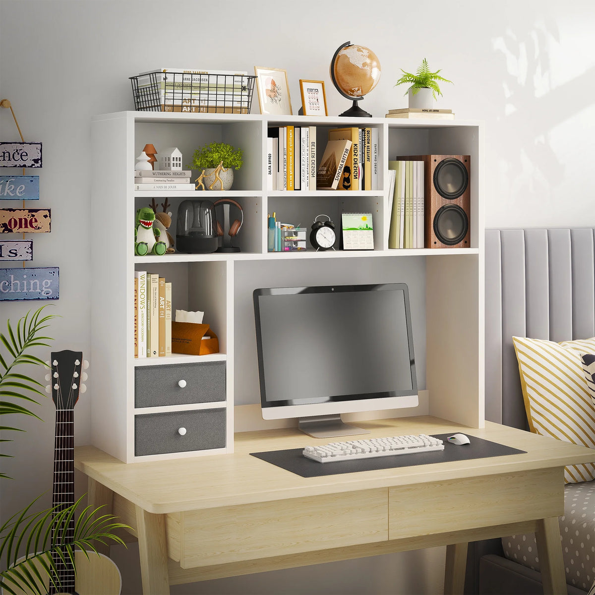 White Wood Desktop Bookshelf with 8 Shelves and 2 Drawers Q612