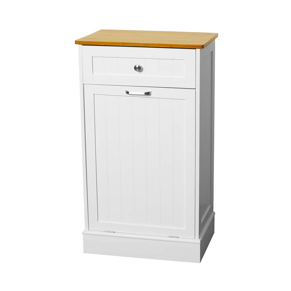 White Wooden Tilt Out Trash Cabinet with Hideaway Drawer and Removable Cutting Board P11834