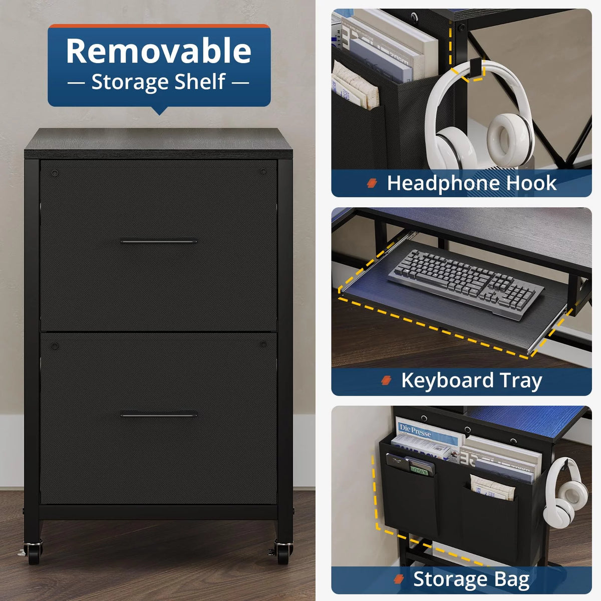 L Shaped Computer Desk with Power Outlet and LED Strip, Black S3306