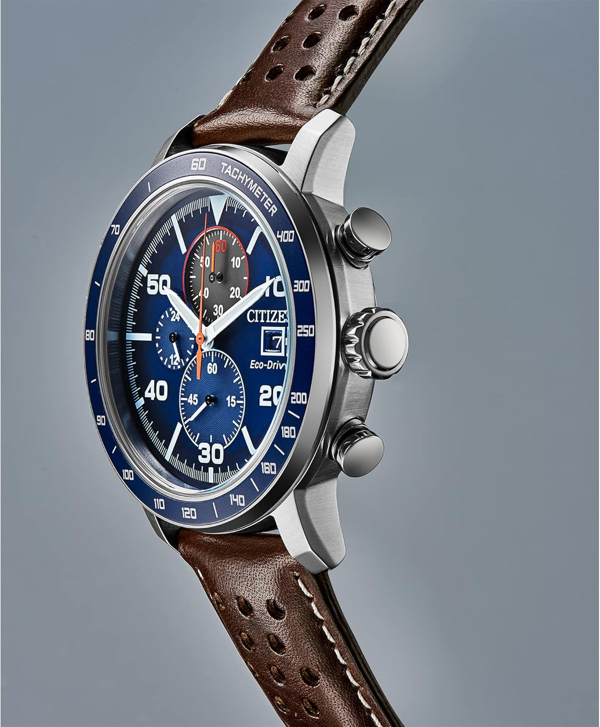Stainless Steel Brown Leather Strap Blue Dial Chronograph Watch D80734