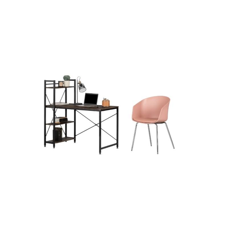 Fall Oak Desk with Bookcase and Pink Chrome Chair Set K565