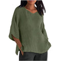 3/4 Length Sleeve Cotton Linen Tunic Blouses H77416