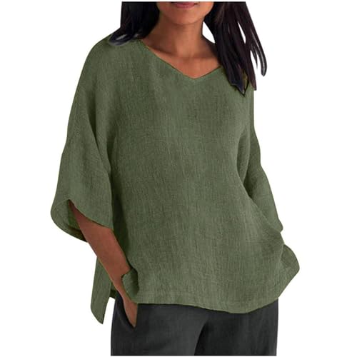 3/4 Length Sleeve Cotton Linen Tunic Blouses H77416