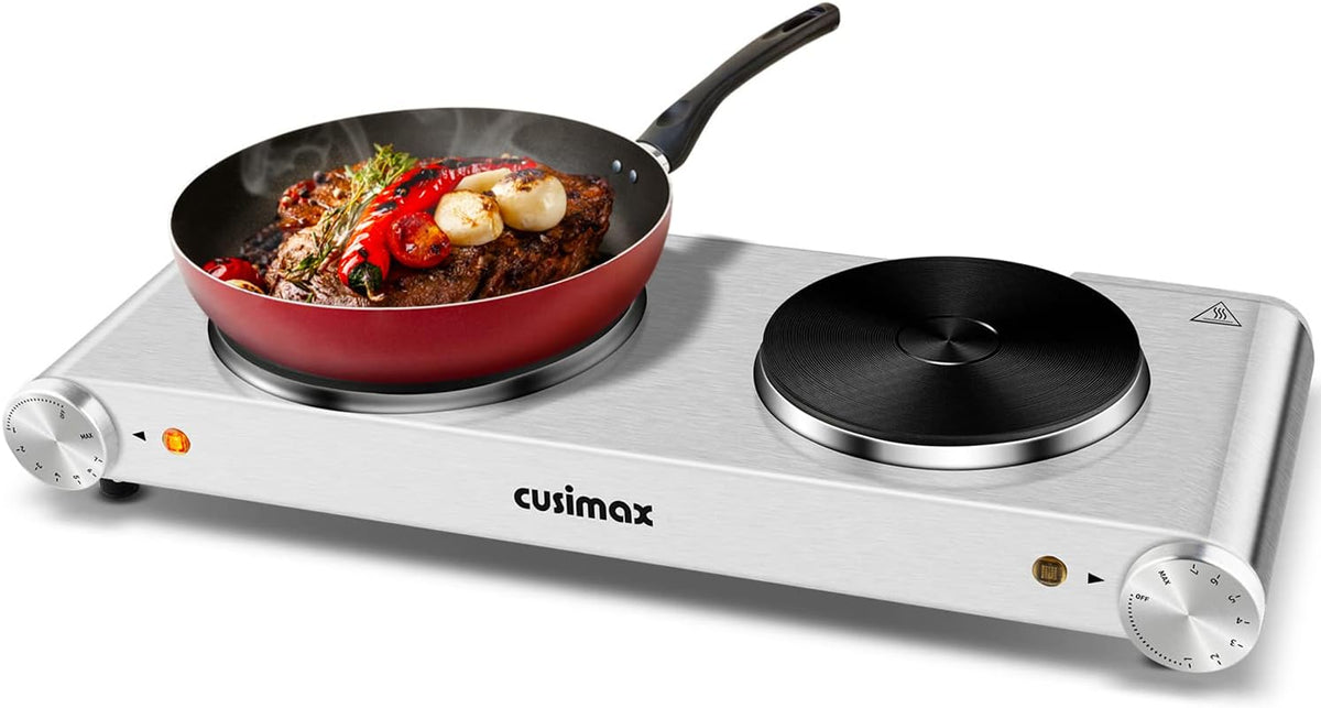 Electric Hot Plate 1500W Single Burner Cast Iron Portable Stove with Adjustable Temperature Control Silver Stainless Steel Non-Slip Rubber Feet Pack of 2 P6697