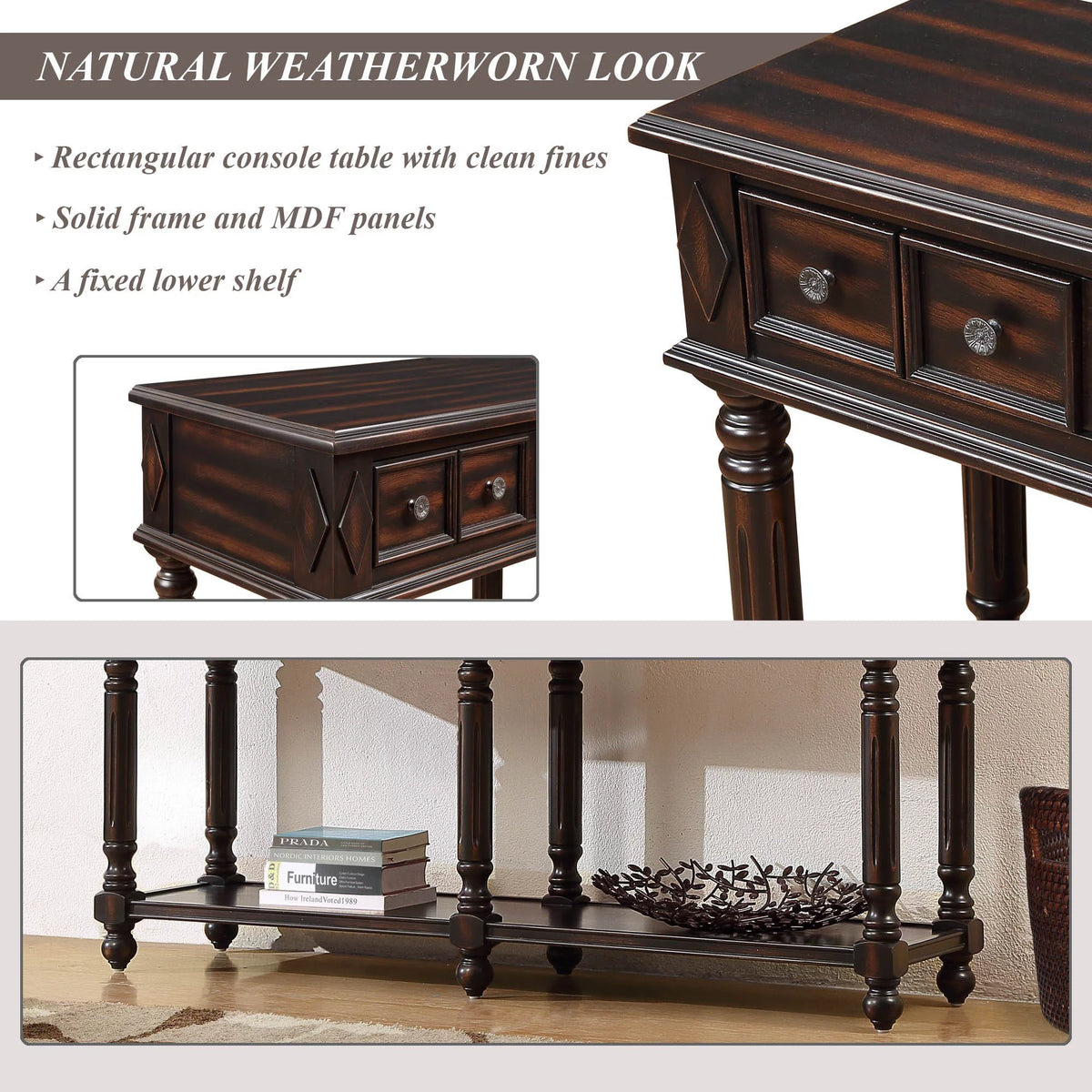 58" Black Console Table with 2 Drawers and Storage Shelf U491