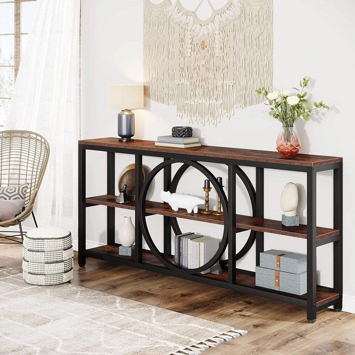 70.9 inch Narrow Console Table with 3 Tier Wood Storage Shelves V616804