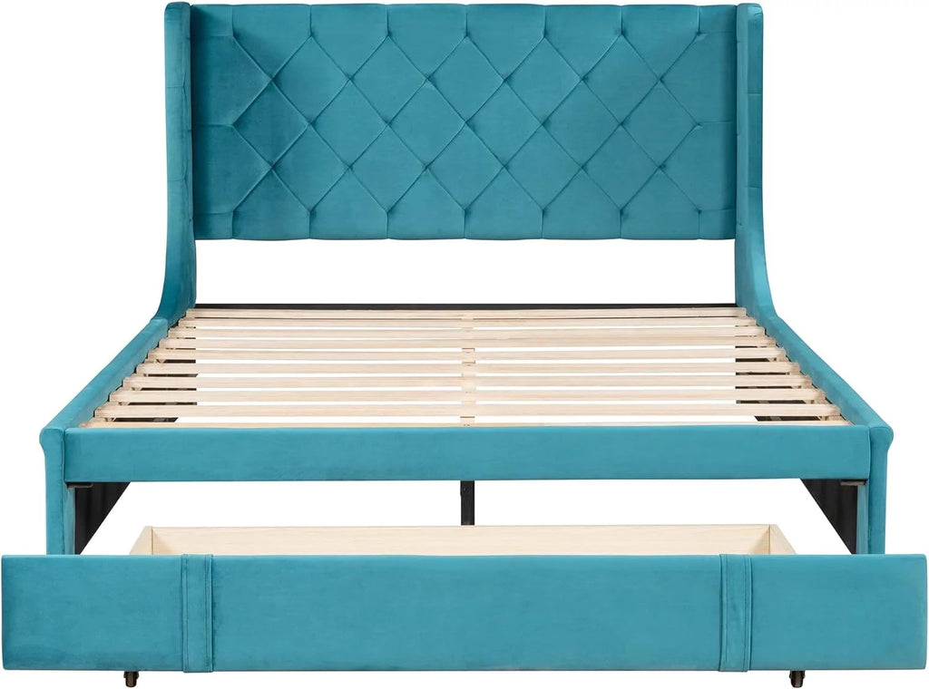 Queen Size Velvet Upholstered Platform Bed Frame with Headboard and Drawers F756