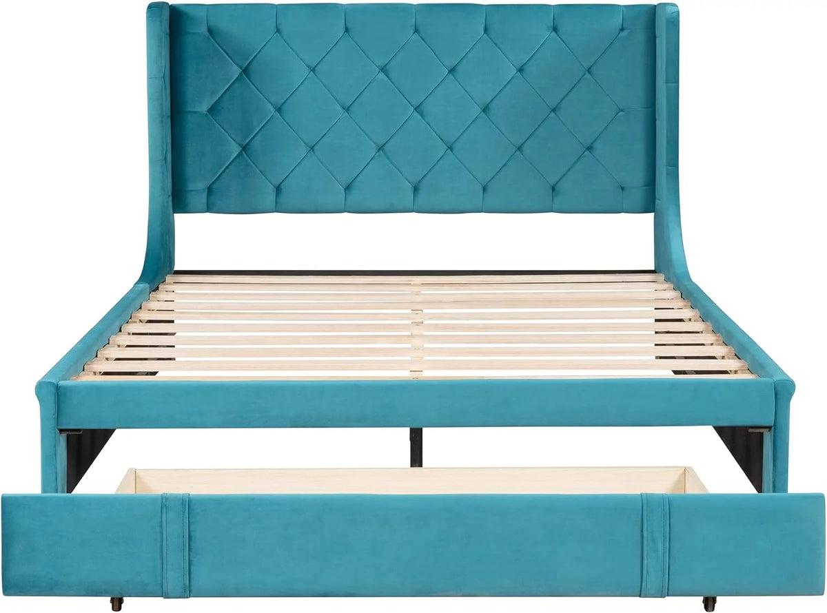 Queen Size Velvet Upholstered Platform Bed Frame with Headboard and Drawers F756