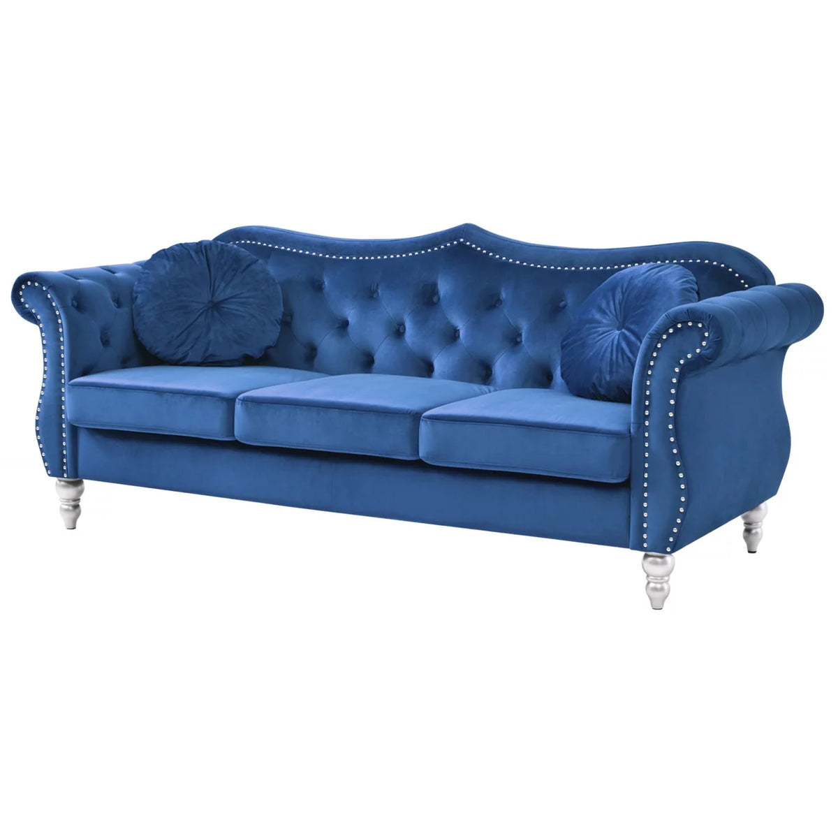 Navy Blue Velvet 3-Seater Sofa with 2-Throw Pillow B378