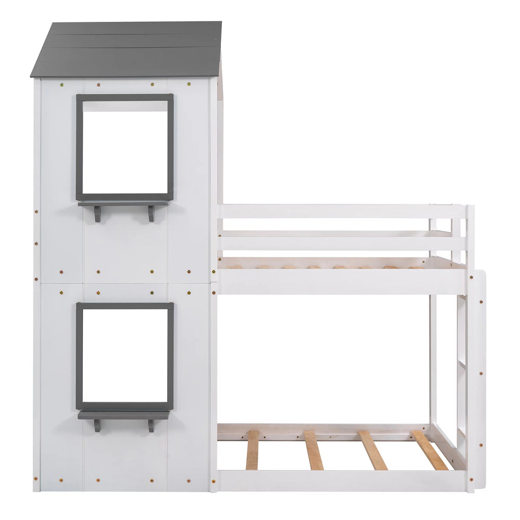 Wood Twin Over Twin Bunk Bed with Roof and Ladder G30325