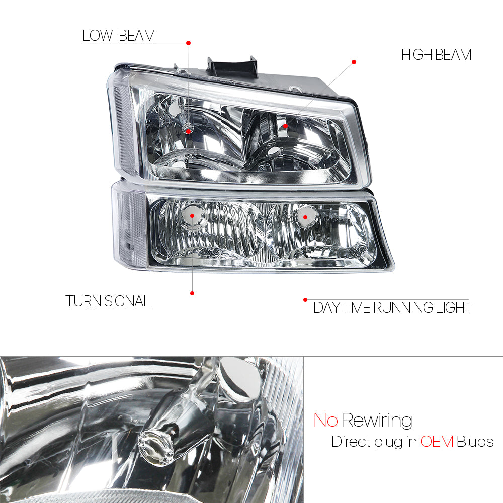 Chrome Housing Headlight Clear Signal for Chevy Silverado Avalanche X432