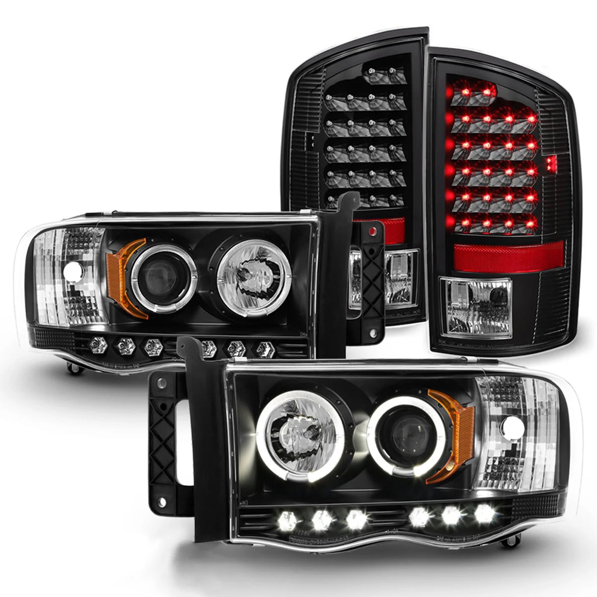 Black Housing Dual Halo DRL Projector LED Headlights + Tail Lamps O266