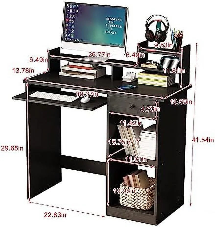 White Wood Computer Desk with Drawers and Keyboard Tray W83323