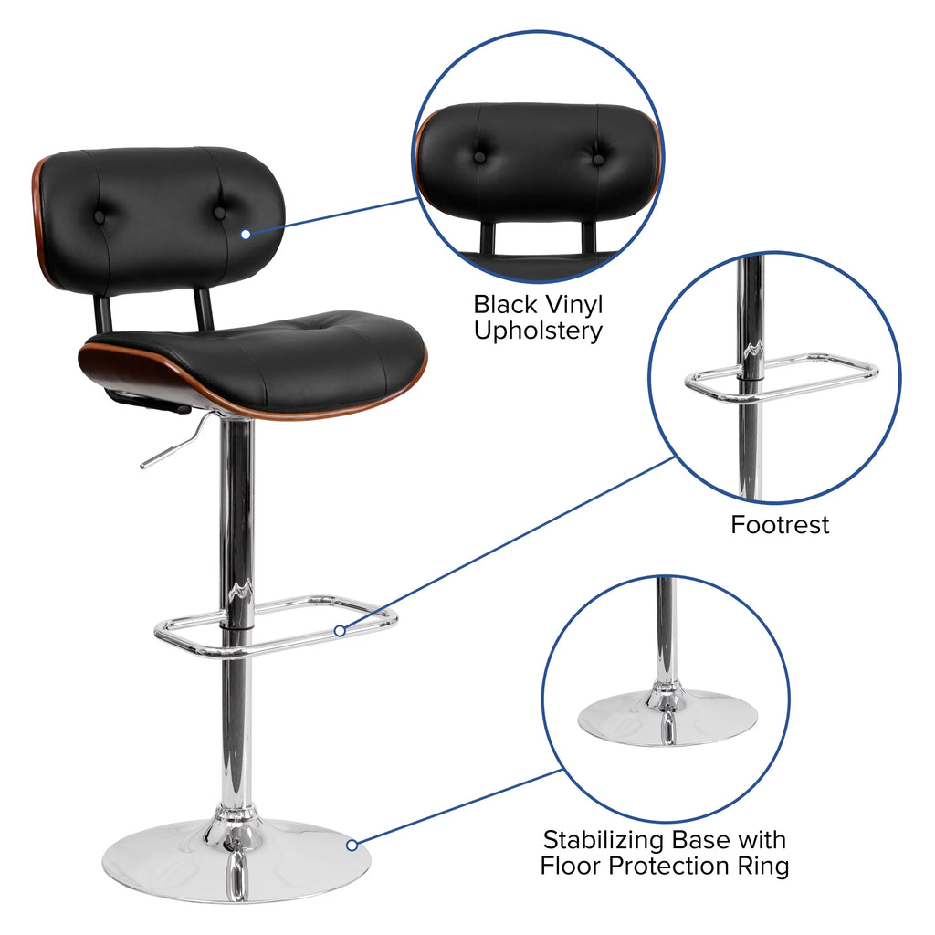 Adjustable Height Black Vinyl Tufted Barstool with Chrome Base U591360