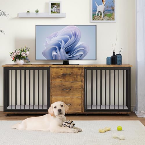 74" Wooden Double Dog Crate Furniture with 2 Feeder Bowls W123