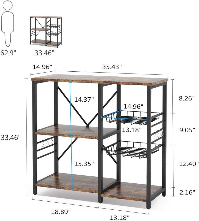 Kitchen Cart Baker’s Rack with Wire Basket and 6 Hooks I79651