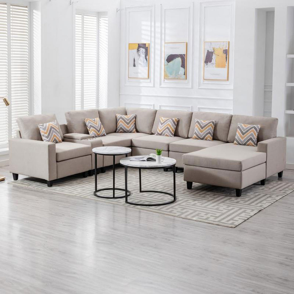 Beige Fabric Reversible Sectional with Charging Port and Storage Console P271429