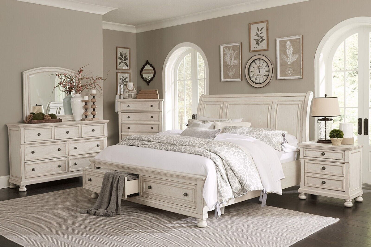 White Queen Size Platform Storage Bed Nightstands Dresser Mirror 6pc Set G198