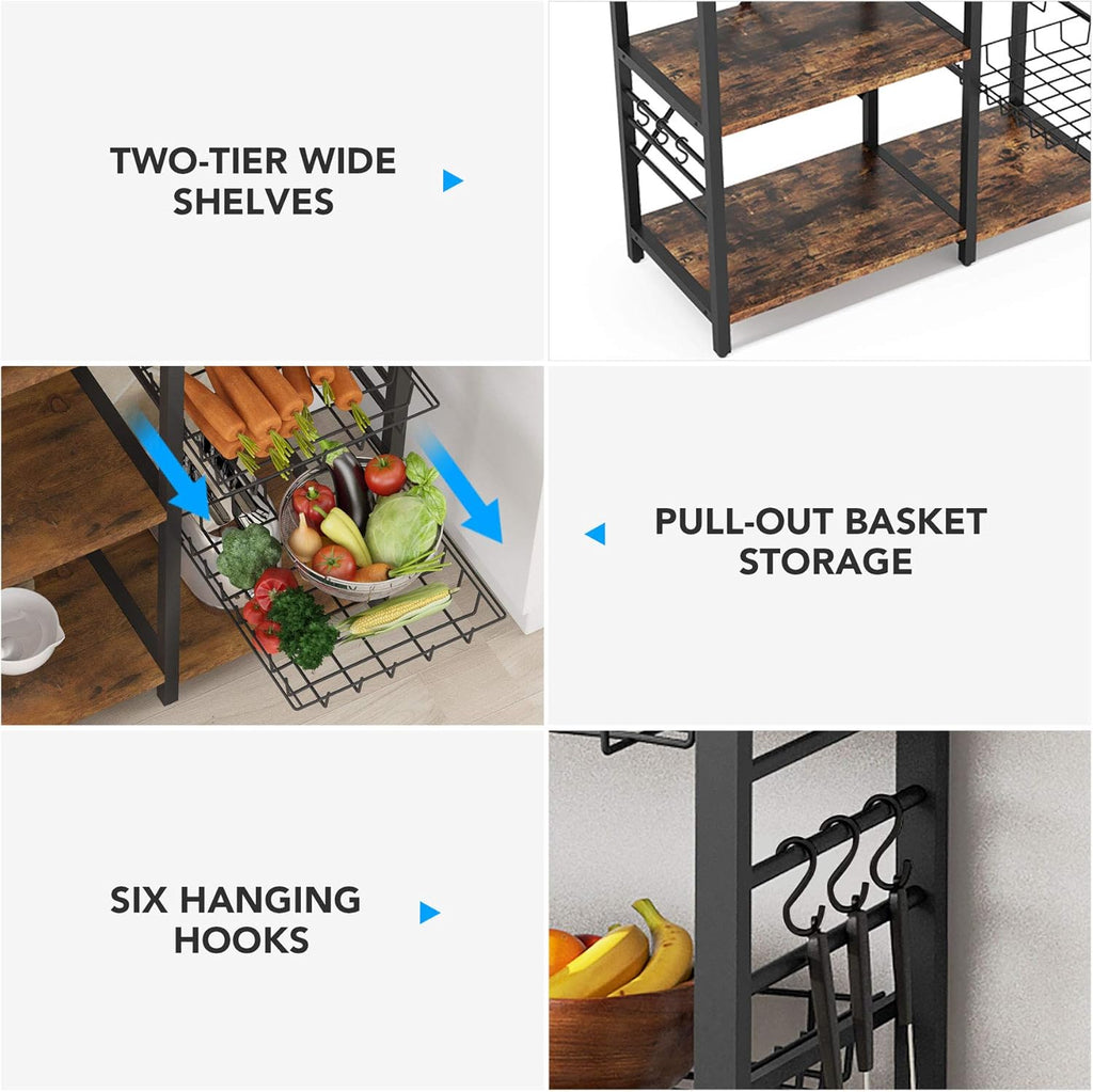 Kitchen Cart Baker’s Rack with Wire Basket and 6 Hooks I79651