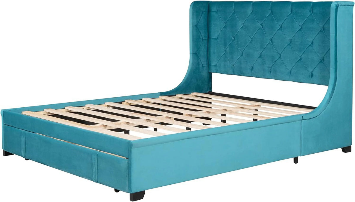 Queen Size Velvet Upholstered Platform Bed Frame with Headboard and Drawers F756