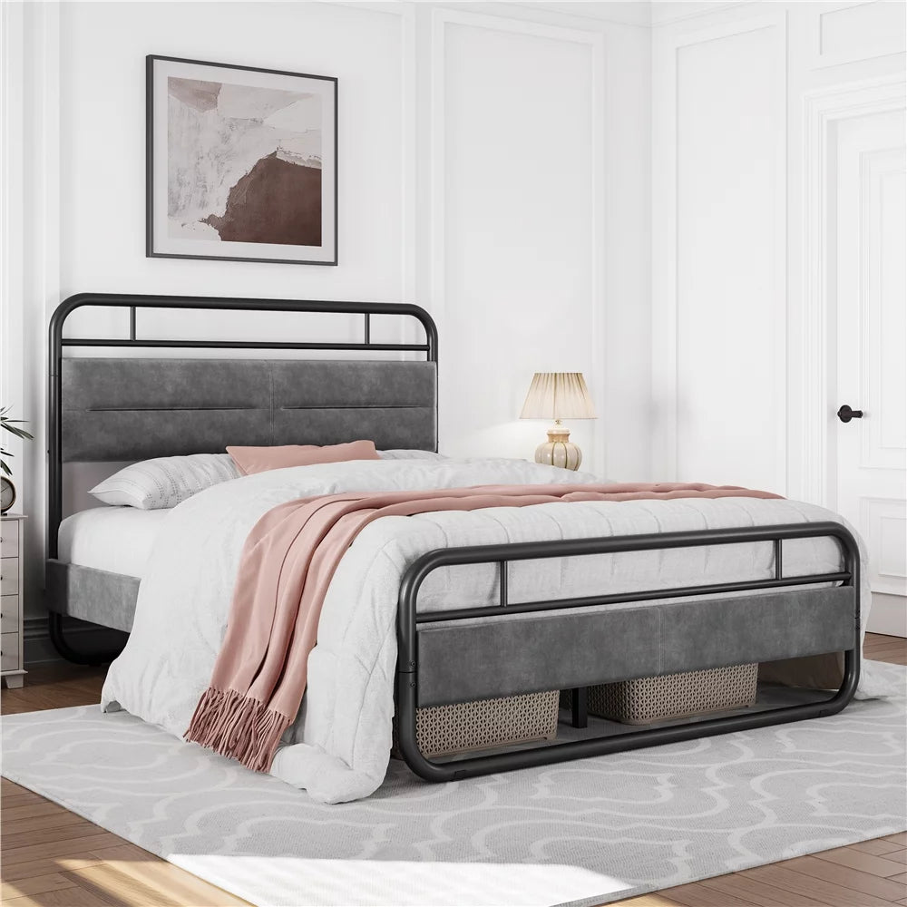 Queen Size Metal Platform Bed with Velvet Upholstered Headboard Dark Gray L603