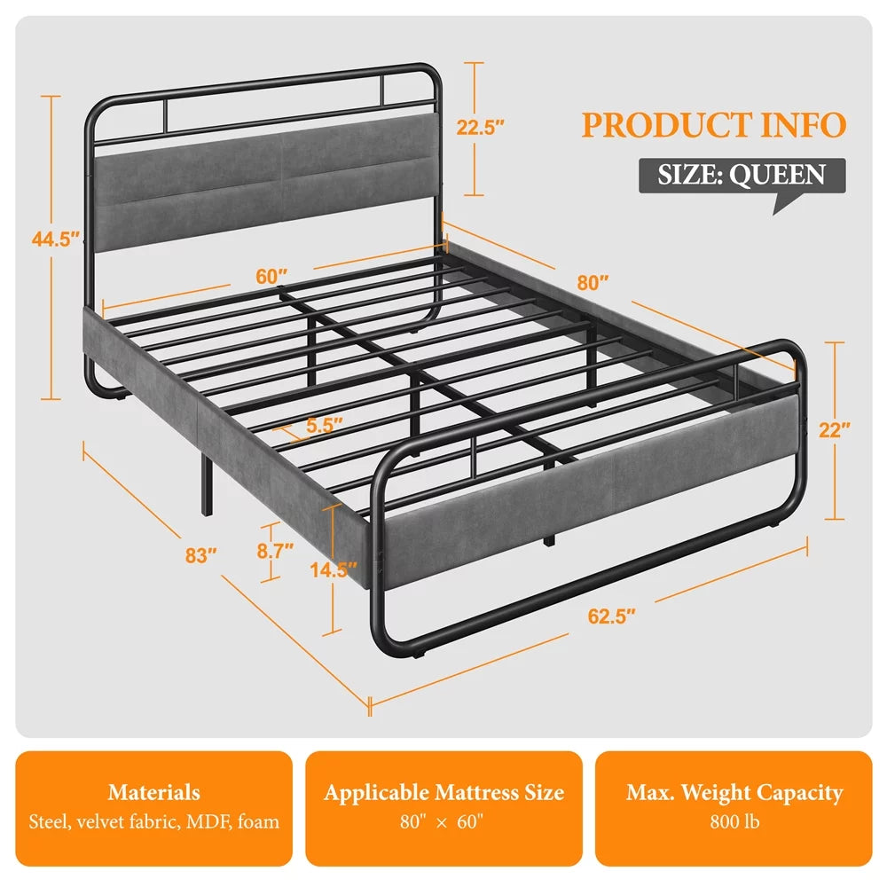 Queen Size Metal Platform Bed with Velvet Upholstered Headboard Dark Gray L603