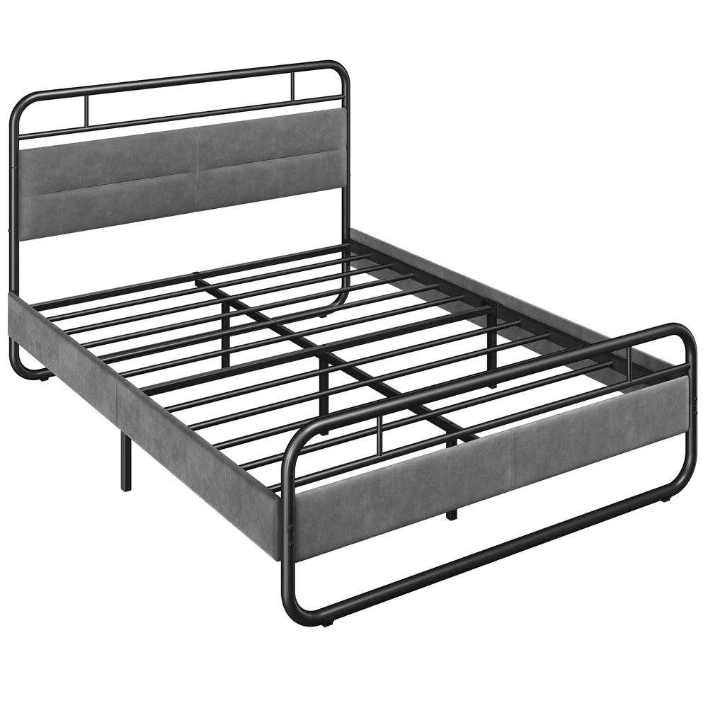Queen Size Metal Platform Bed with Velvet Upholstered Headboard Dark Gray L603