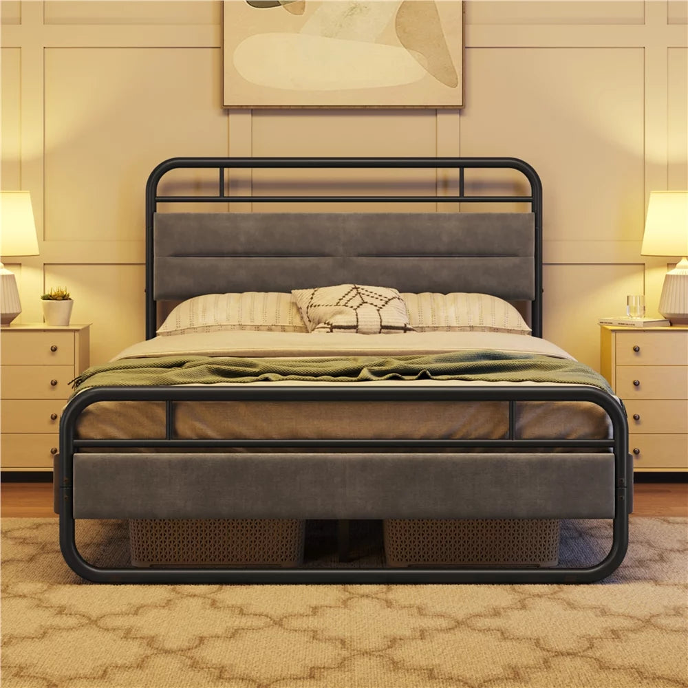 Queen Size Metal Platform Bed with Velvet Upholstered Headboard Dark Gray L603