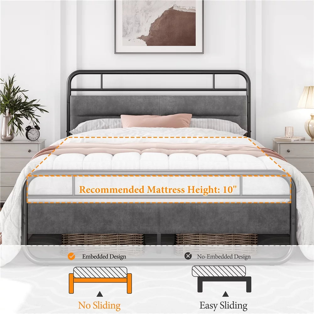 Queen Size Metal Platform Bed with Velvet Upholstered Headboard Dark Gray L603