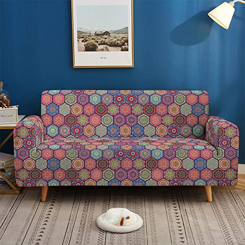 Mandala Flowers Couch Cover for 2 Cushions Couch, Bohemian Loveseat Slipcover, Floral Pattern Printed Sofa Cover H2964