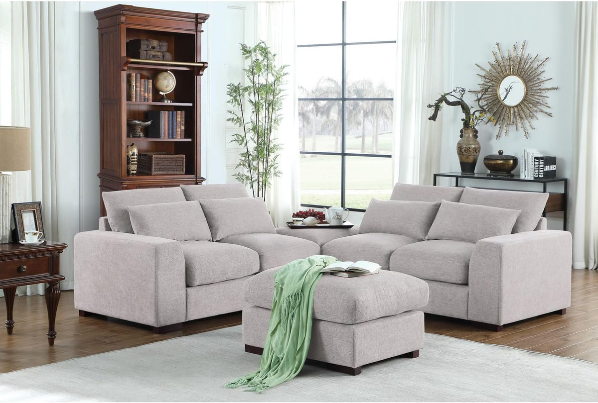 Reversible Modular Sectional Fabric Sofa & Chaise with Two Ottoman Light Gray M5639