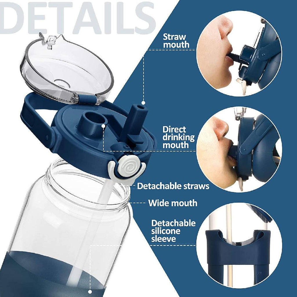 64oz Glass Water Bottle with Straw Time Marker Half Gallon 2L Dark Blue V1888