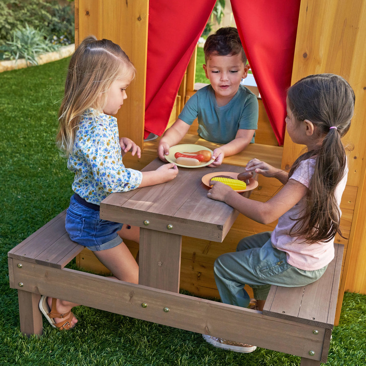 Modern Outdoor Wooden Playhouse with Picnic Table U371501