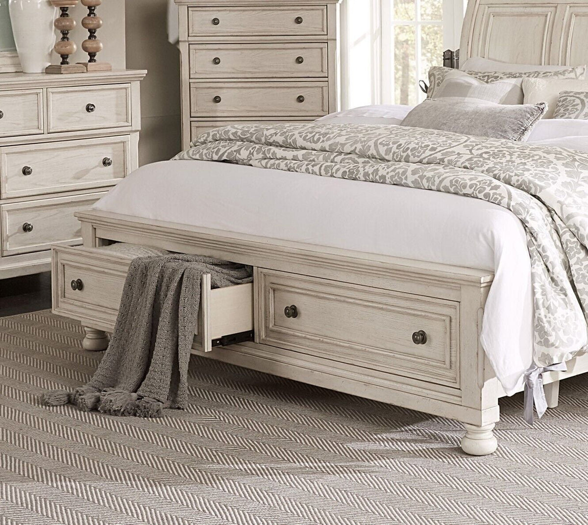 White Queen Size Platform Storage Bed Nightstands Dresser Mirror 6pc Set G198