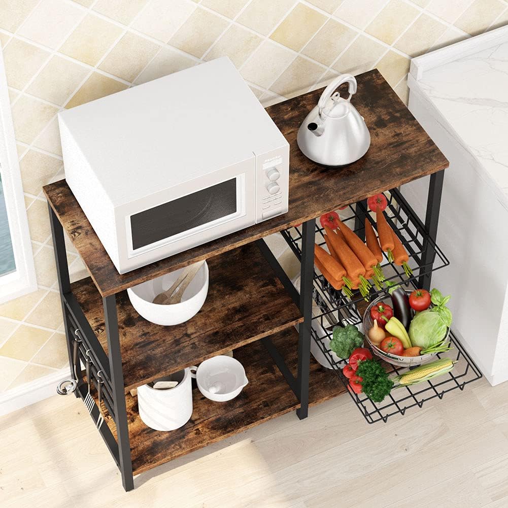 Kitchen Cart Baker’s Rack with Wire Basket and 6 Hooks I79651