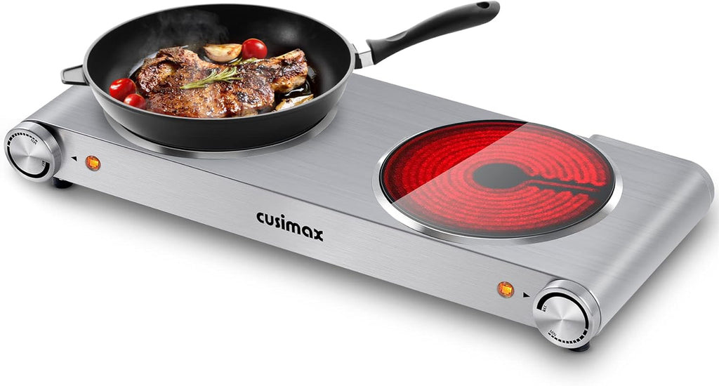 Electric Hot Plate 1500W Single Burner Cast Iron Portable Stove with Adjustable Temperature Control Silver Stainless Steel Non-Slip Rubber Feet Pack of 2 P6697