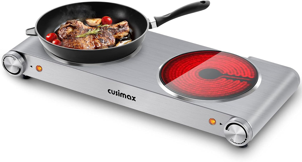Electric Hot Plate 1500W Single Burner Cast Iron Portable Stove with Adjustable Temperature Control Silver Stainless Steel Non-Slip Rubber Feet Pack of 2 P6697