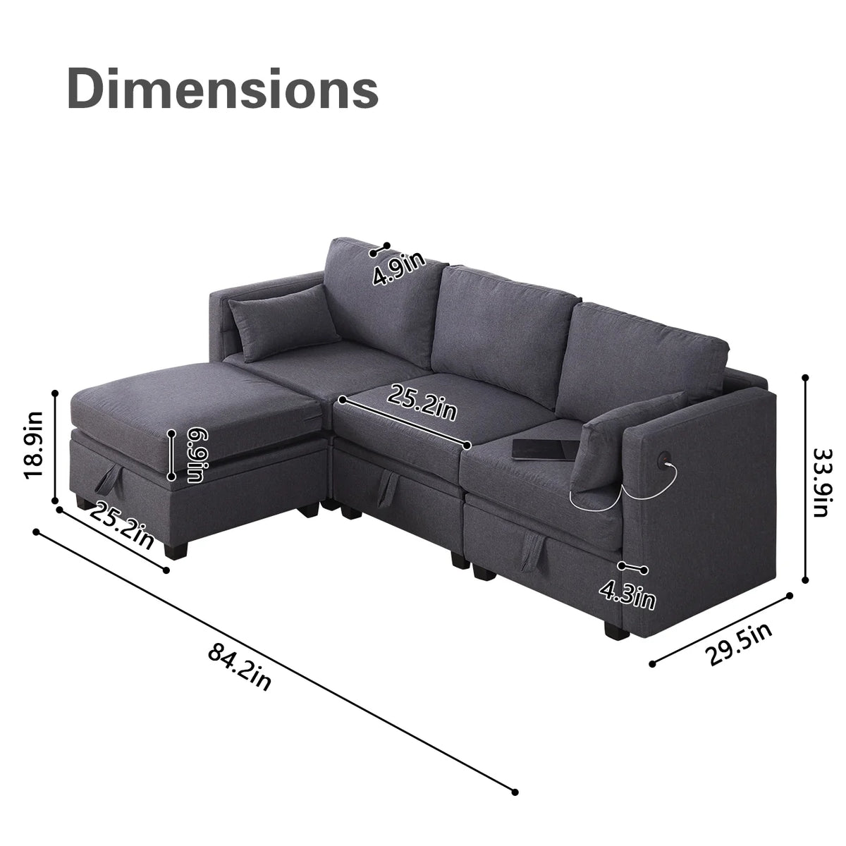 Dark Gray L-Shaped Sectional Sofa with Chaise V659