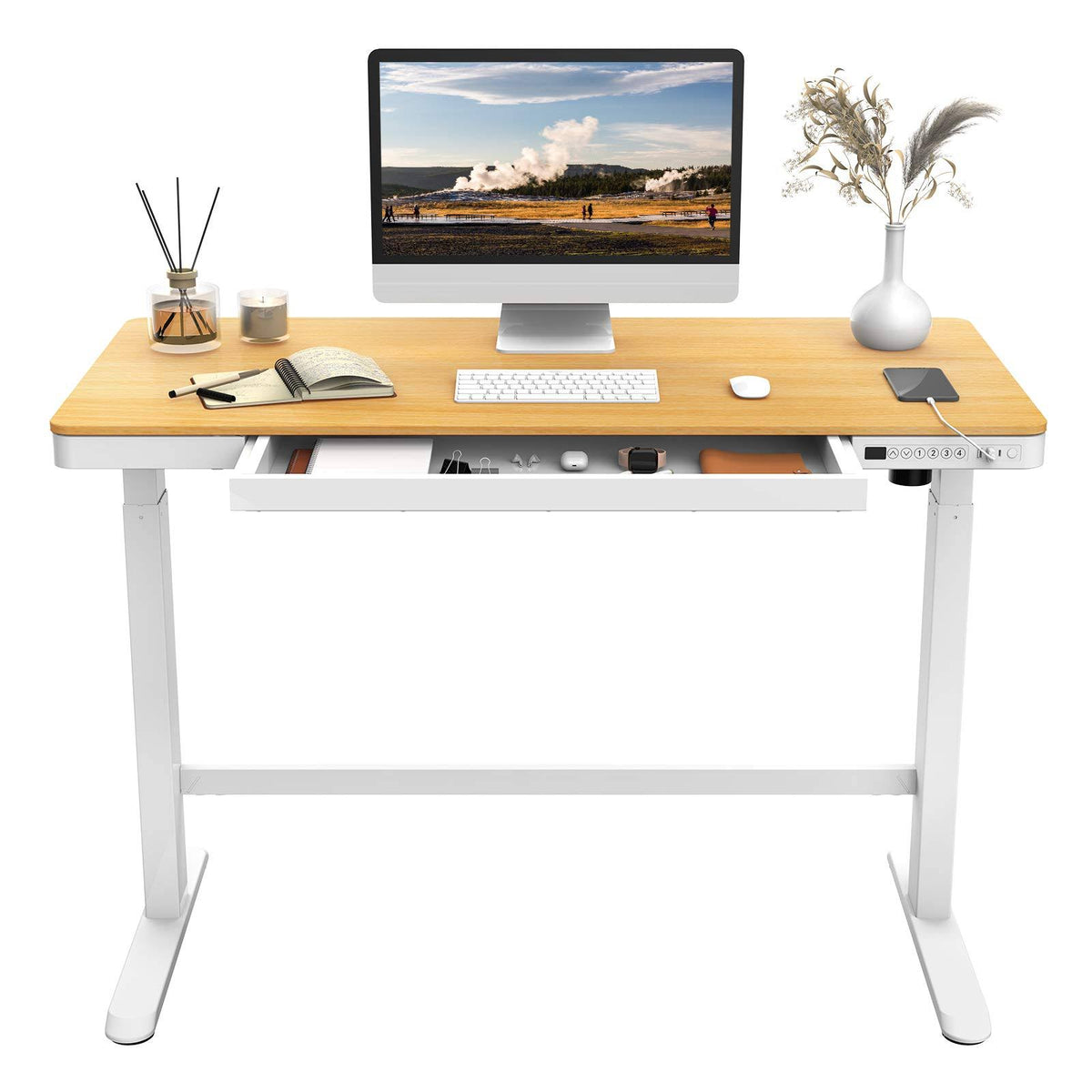 Electric Height Adjustable Standing Desk with Drawer 48 x 24 Inches Red Oak Desktop White Frame U895